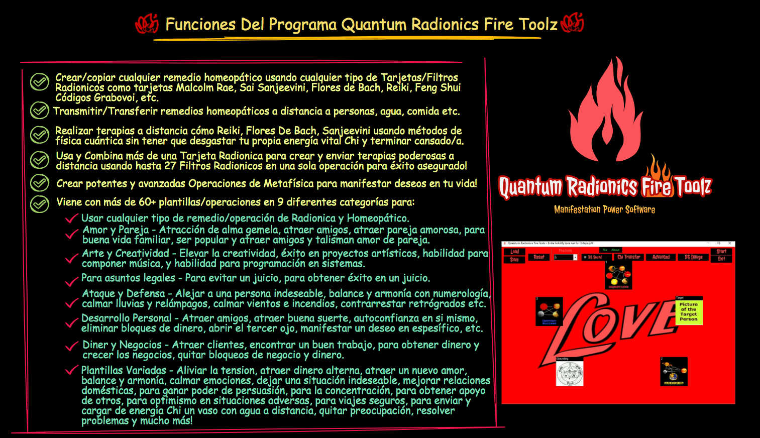 Quantum Radionics Fire Toolz,radiónica avanzada,manifestación cuántica,terapias holísticas,limpias energéticas,software de radiónica,plantillas de manifestación,membresía Dojo,ley de atracción,protección energética,energía de Orgón,símbolos de poder,metafísica,curso de manifestación,talleres de limpias,grupo privado de WhatsApp,aumento de ventas,atraer pareja,reiki a distancia,homeopatía,Flores de Bach,física cuántica,software de manifestación