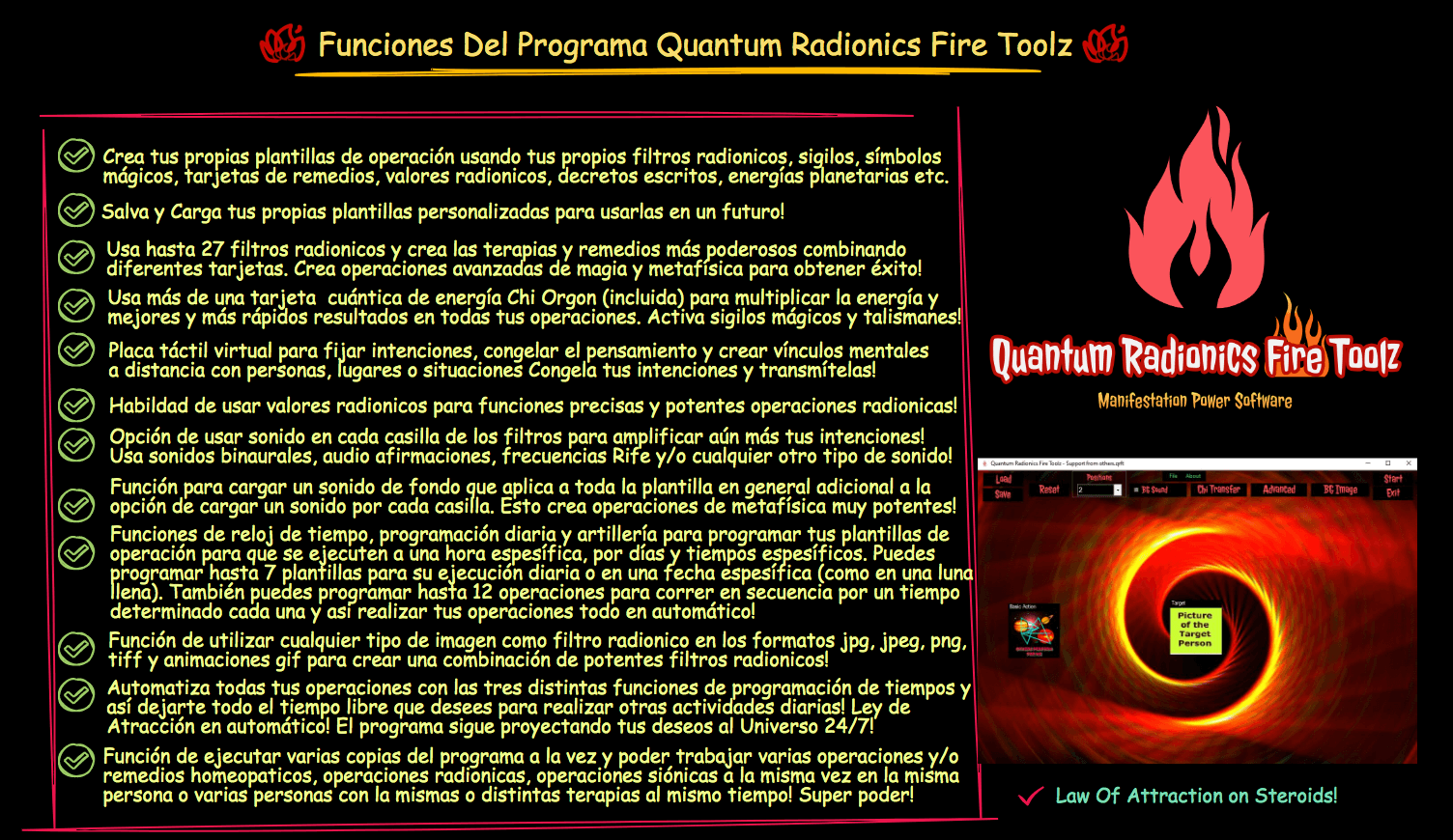 Quantum Radionics Fire Toolz,radiónica avanzada,manifestación cuántica,terapias holísticas,limpias energéticas,software de radiónica,plantillas de manifestación,membresía Dojo,ley de atracción,protección energética,energía de Orgón,símbolos de poder,metafísica,curso de manifestación,talleres de limpias,grupo privado de WhatsApp,aumento de ventas,atraer pareja,reiki a distancia,homeopatía,Flores de Bach,física cuántica,software de manifestación