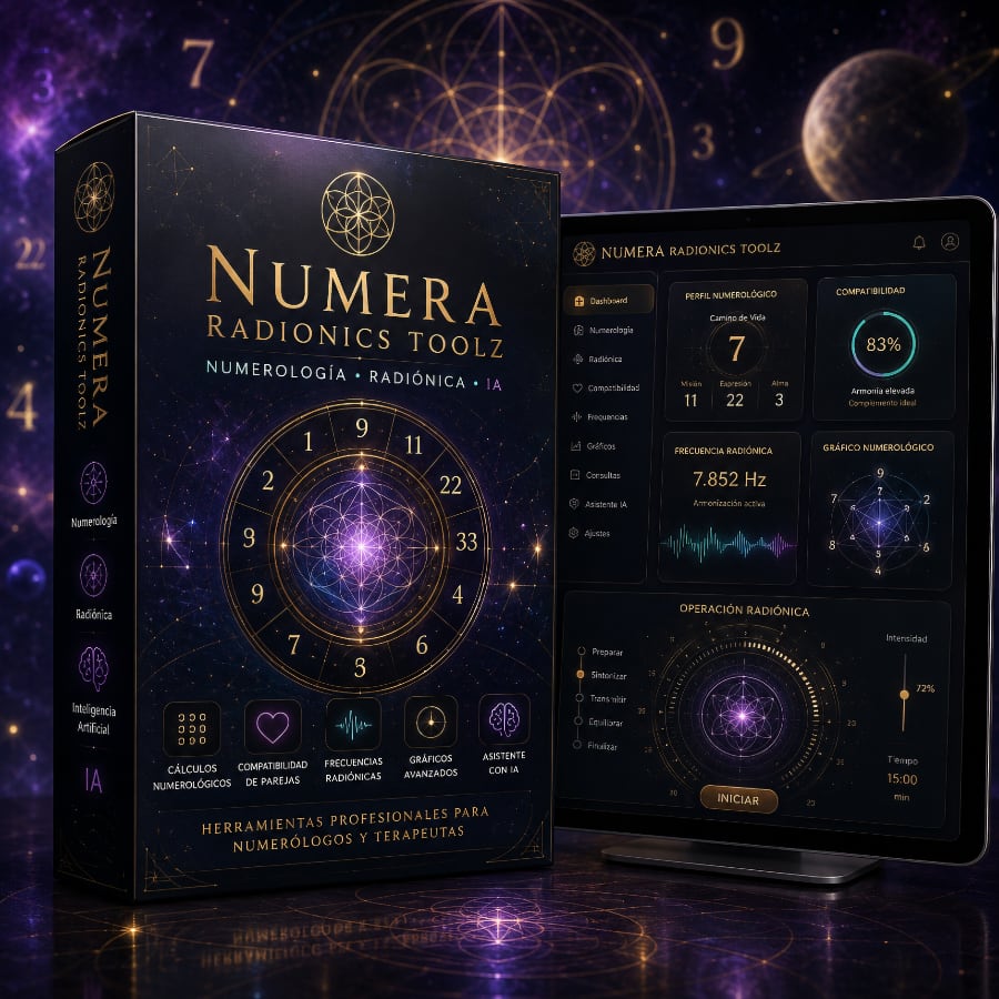 Numera Radionics Toolz,software de numerología,numerología avanzada,numerología radiónica,radionica numerologica,app numerologica,programa de numerología,numerología con IA,inteligencia artificial esotérica,operaciones radiónicas,software radiónico,radionica espiritual,carta numerológica,camino de vida,número de destino,número del alma,compatibilidad numerológica,calendario numerológico,ciclos personales,pináculos numerológicos,deudas kármicas,nombres numerológicos,optimización de nombres,frecuencias solfeggio,oráculo IA,manifestación radiónica,metafísica digital,software esotérico,herramientas holísticas,Dojo Fuerza de Vida