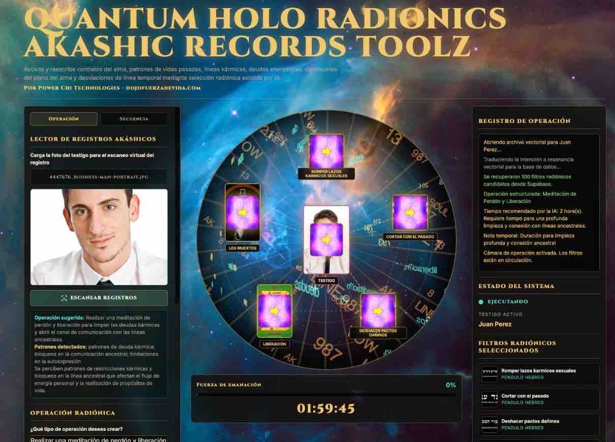 Quantum Holo Radionics Akashic Records Toolz,software registros akáshicos,programa radiónico Windows,radiónica akáshica,IA radiónica,inteligencia artificial radiónica,limpiar deuda kármica,contratos del alma,bloqueos kármicos,software metafísico,registros akáshicos con IA,operaciones radiónicas,filtros radiónicos,decreto radiónico,línea temporal,vidas pasadas,limpieza energética,reprogramación energética,software espiritual,radionics software español,Quantum Radionics,Fire Toolz,Dojo Fuerza de Vida