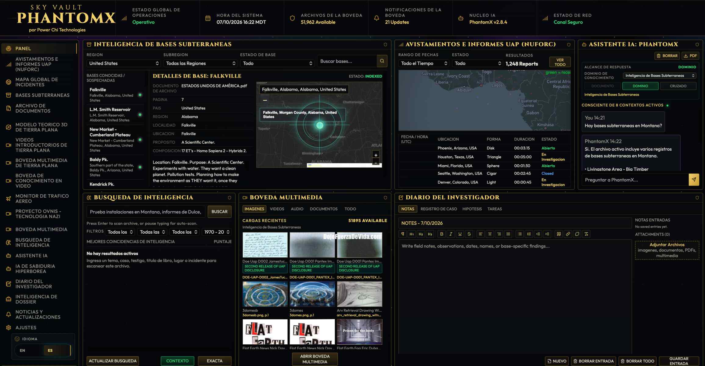 Sky Vault PhantomX,software OVNI,programa para investigar OVNIs,investigación UAP,archivos extraterrestres,documentos OVNI desclasificados,inteligencia artificial OVNI,archivos gubernamentales OVNI,reportes de avistamientos,mapa de avistamientos OVNI,NUFORC,fenómenos anómalos no identificados,investigación alienígena,documentos de divulgación OVNI,bases subterráneas alienígenas,archivos confidenciales OVNI,biblioteca OVNI digital,software de investigación paranormal,estación de inteligencia OVNI,divulgación extraterrestre,expedientes UAP,videos OVNI,fotografías OVNI,dossier de investigación,buscador semántico OVNI,programa OVNI para Windows,programa OVNI para Mac,inteligencia artificial extraterrestre,bóveda de archivos OVNI,investigación de fenómenos aéreos