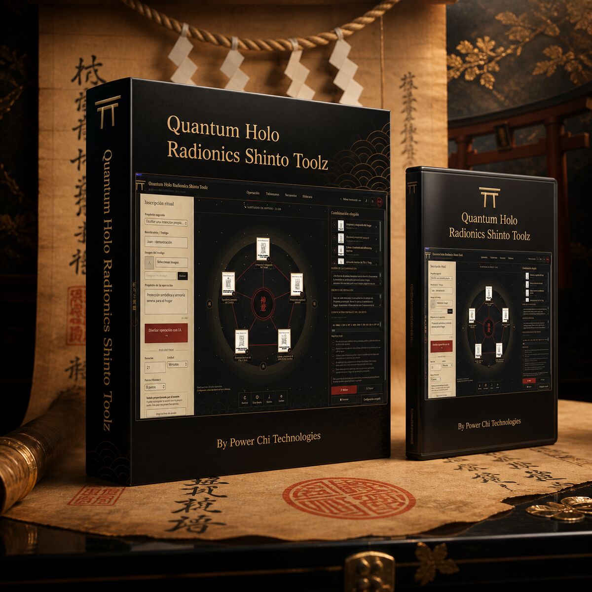 Presentación de Programa Quantum Holo Radionics Shinto Toolz sobre pergamino japonés