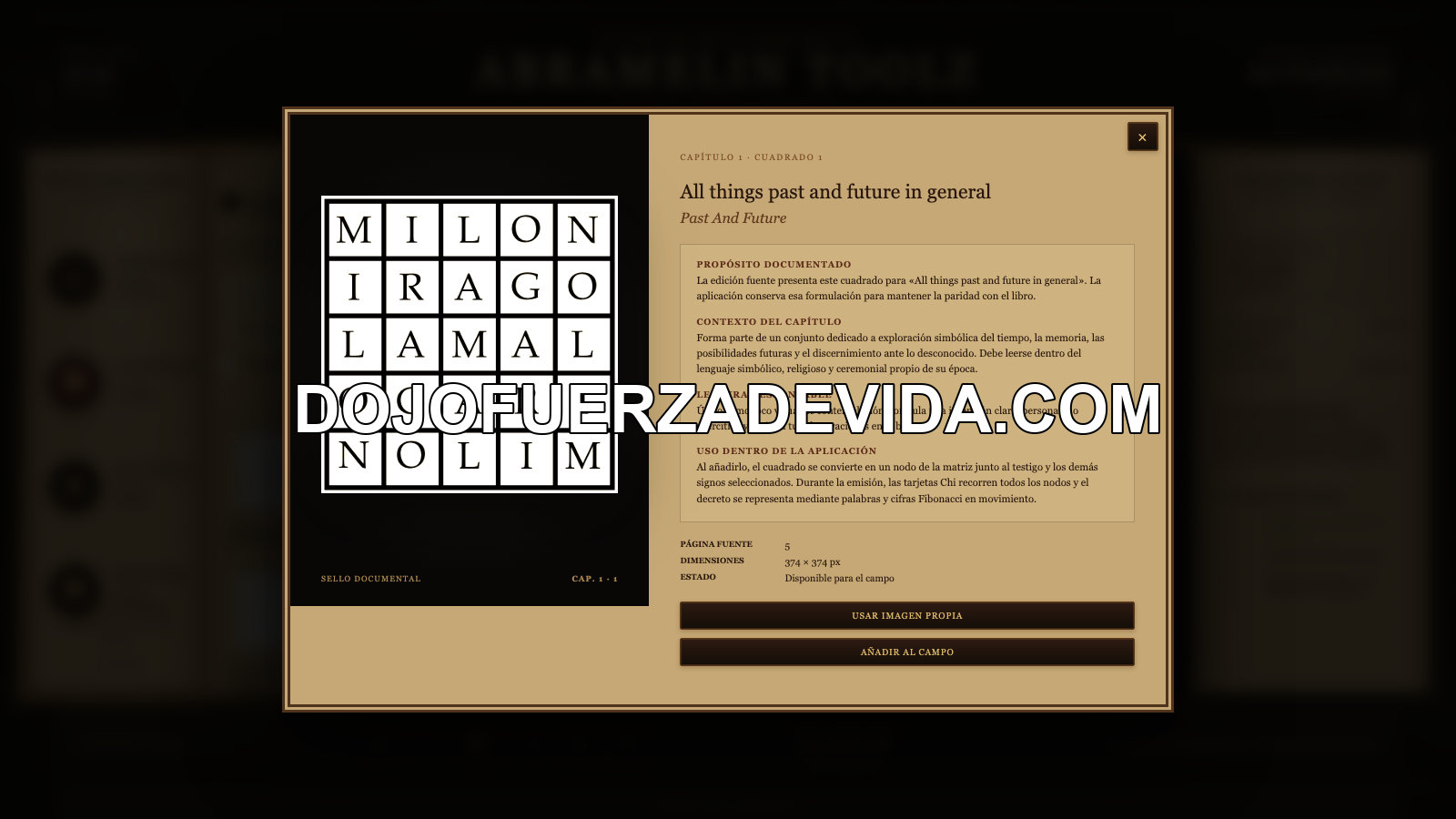Ficha completa con información de un cuadrado Abramelin