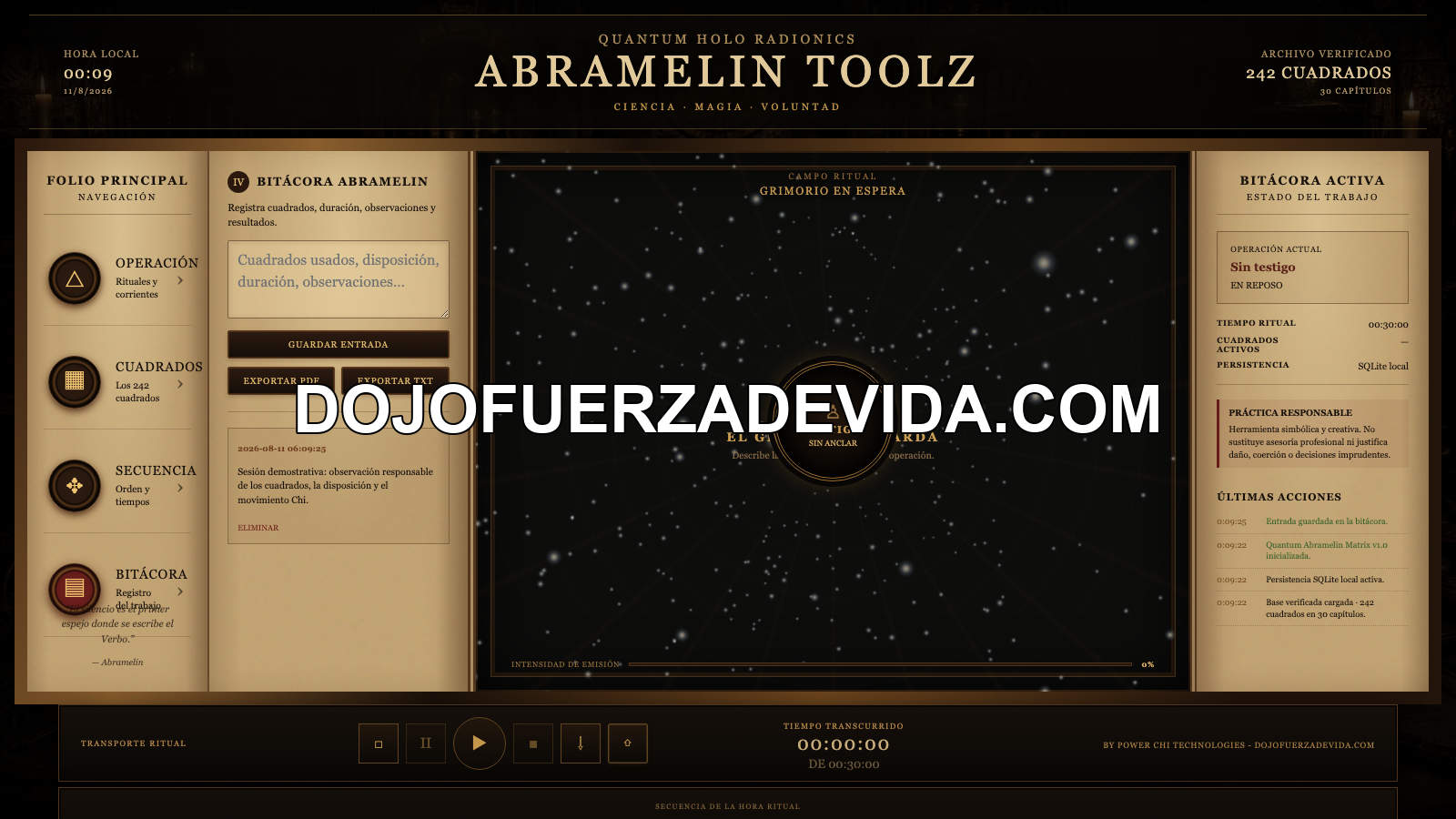 Bitácora Abramelin con opciones de exportación PDF y TXT