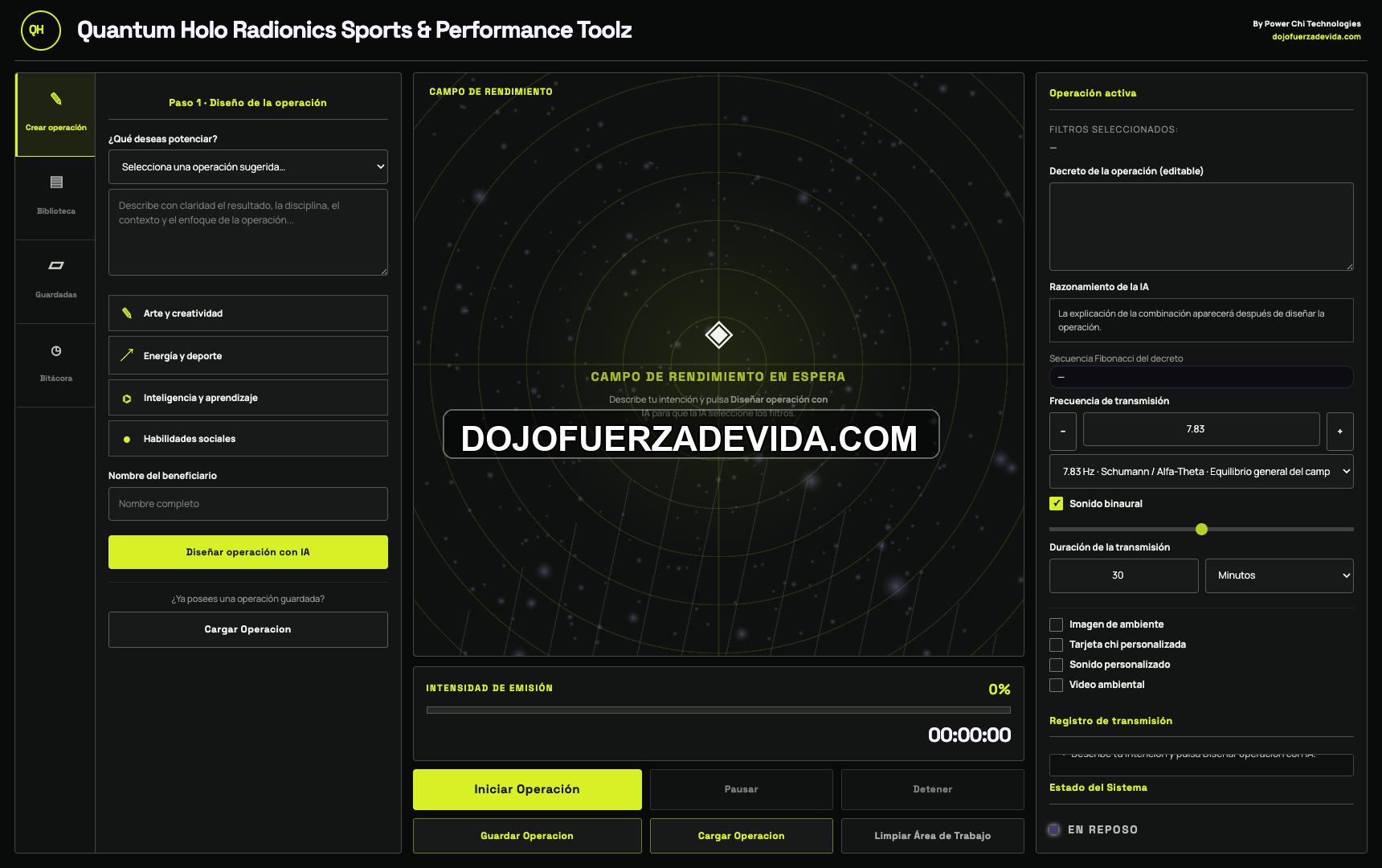 Sports Performance Toolz interfaz principal Interfaz principal de Quantum Holo Radionics Sports & Performance Toolz