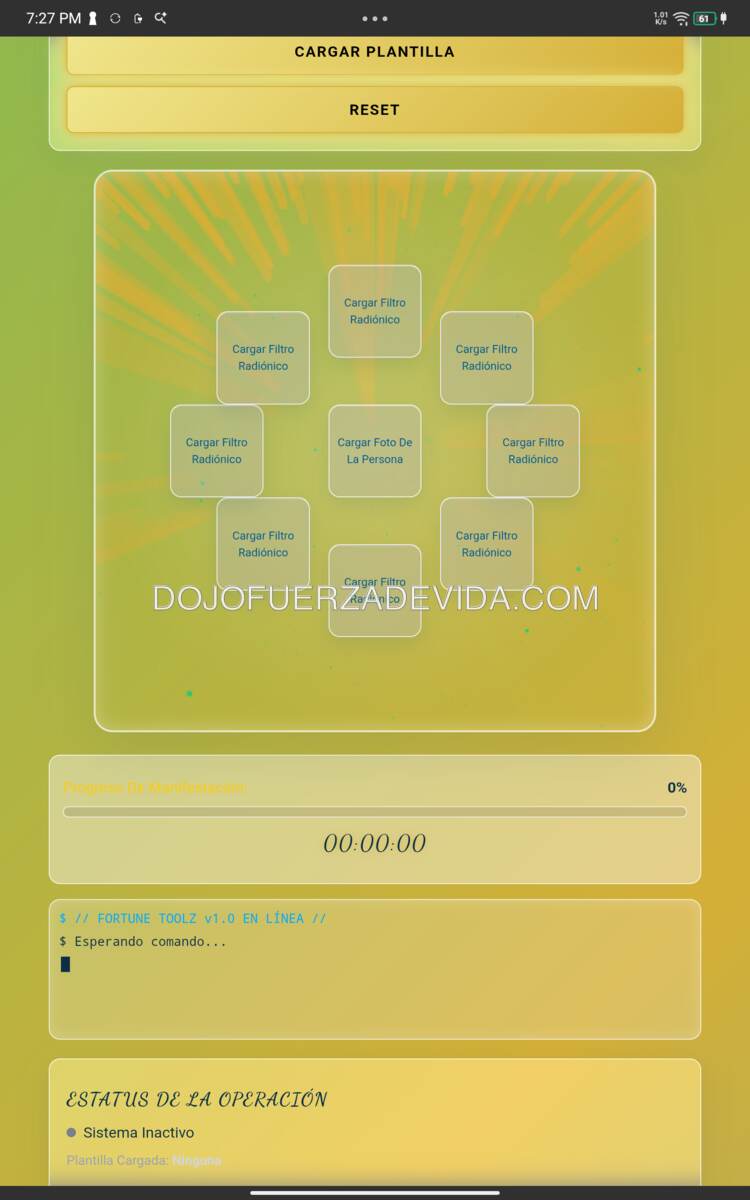 Matriz holográfica con ocho filtros y un objetivo central en Fortune Toolz Android