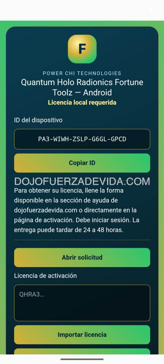 Pantalla de activación y licencia de Fortune Toolz Android