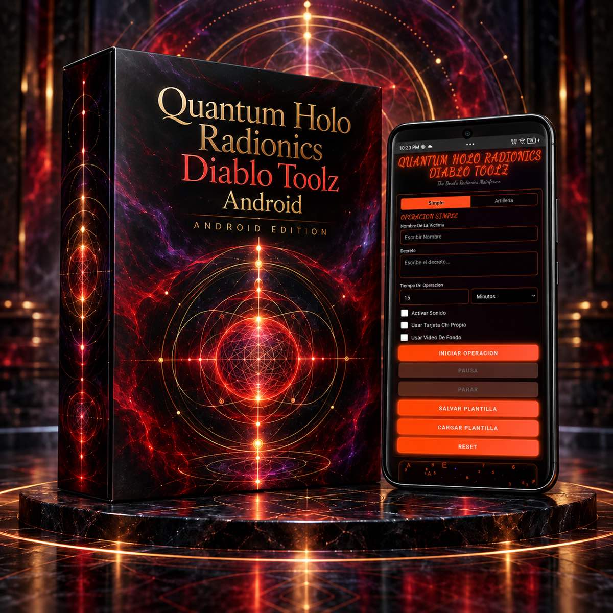 Quantum Holo Radionics Diablo Toolz Android con una captura real de la aplicación